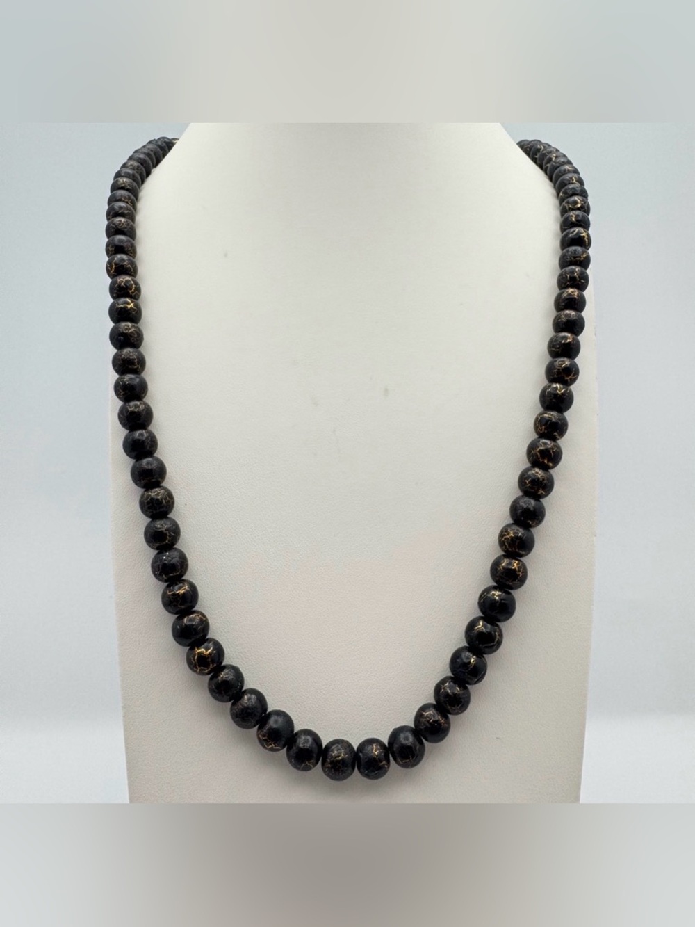 Black Beaded Necklace Gold Vein Detail Round Stone Beads 28–29”